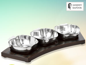 Sanjeev Kapoor Premium Stainless Steel Apple Nut Bowl With Wooden Tray Set - set of 3 pcs