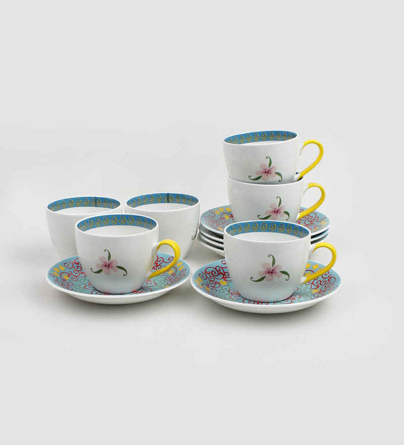 Sanjeev Kapoor Green Bageecha Collection Printed Bone China Tea cup set of 6 Cups and 6 Saucers