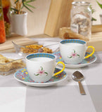 Sanjeev Kapoor Green Bageecha Collection Printed Bone China Tea cup set of 6 Cups and 6 Saucers