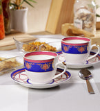 Sanjeev Kapoor Blue and White Noor Collection Printed Bone China Tea Cup set of 6 Cups and 6 Saucers