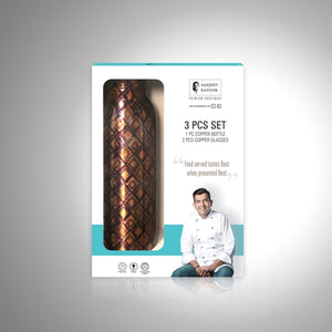Sanjeev Kapoor Copper Water Bottle New Print With Copper Tumblers - Set of 3 pcs